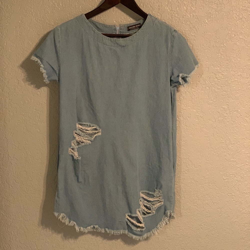 Fashion Nova S distressed denim dress pockets OWO